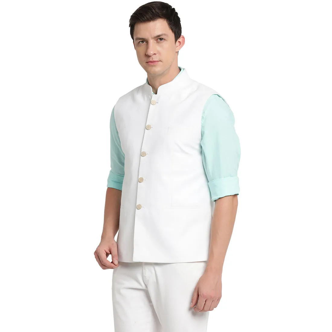 Turtle Men White Self Design Nehru Jacket