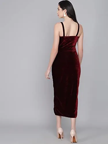 Vaararo Bodycon Party Maxi Dress For Women With Flattering Cut | Shiny Velvet Fabric Sleeveless Spaghetti Strap Stylish Outfit Maroon Small