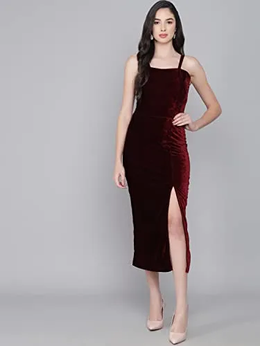 Vaararo Bodycon Party Maxi Dress For Women With Flattering Cut | Shiny Velvet Fabric Sleeveless Spaghetti Strap Stylish Outfit Maroon Small