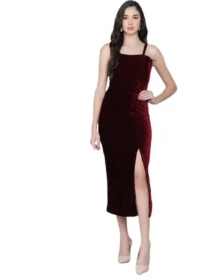 Vaararo Bodycon Party Maxi Dress For Women With Flattering Cut | Shiny Velvet Fabric Sleeveless Spaghetti Strap Stylish Outfit Maroon Small