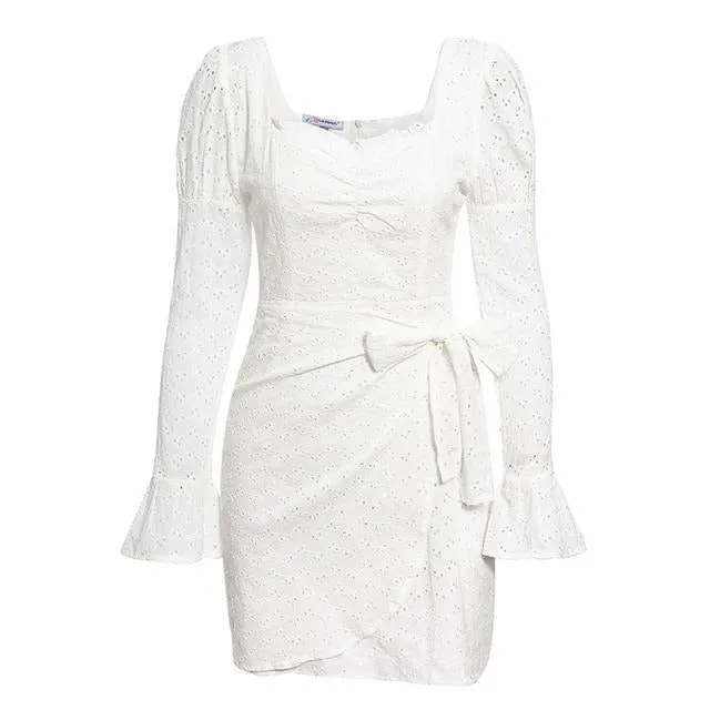 Vintage Puff Sleeve White Elegant Bodycon Ruffle Ruched Mini Wrap Dress