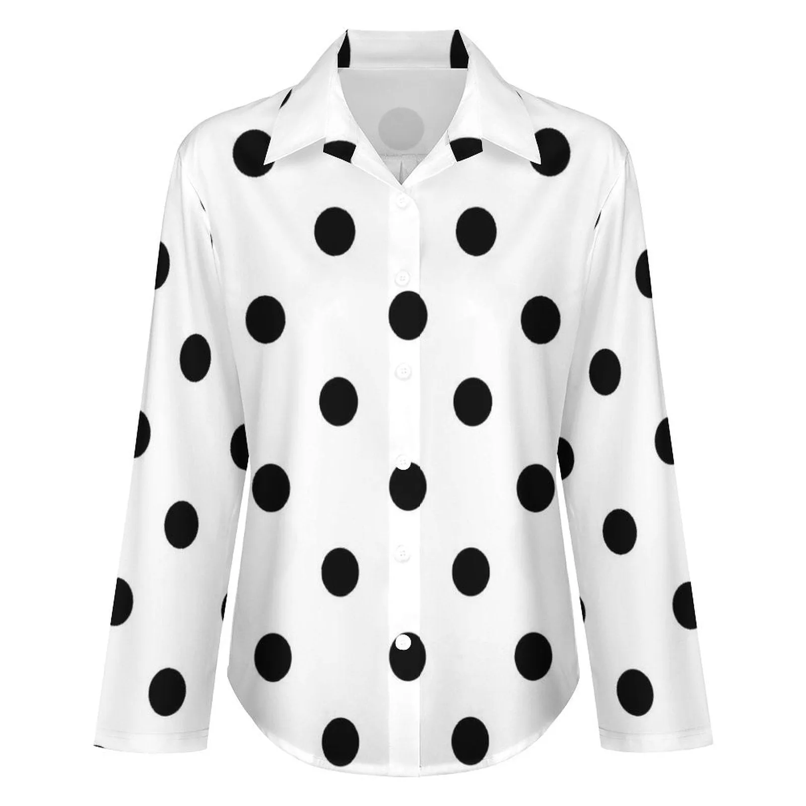 White With Black Polka Dots Long Sleeve Button Up Blouse