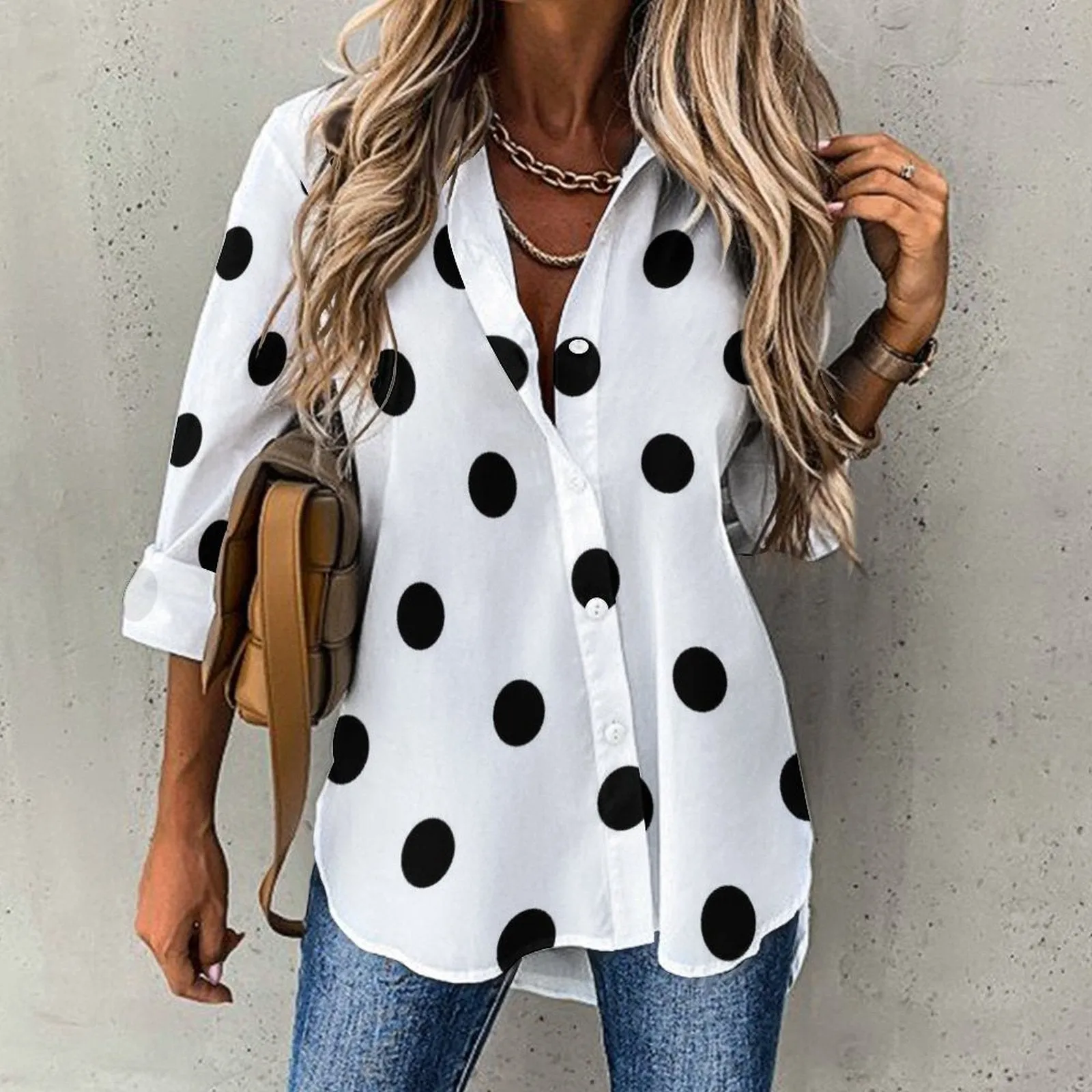 White With Black Polka Dots Long Sleeve Button Up Blouse