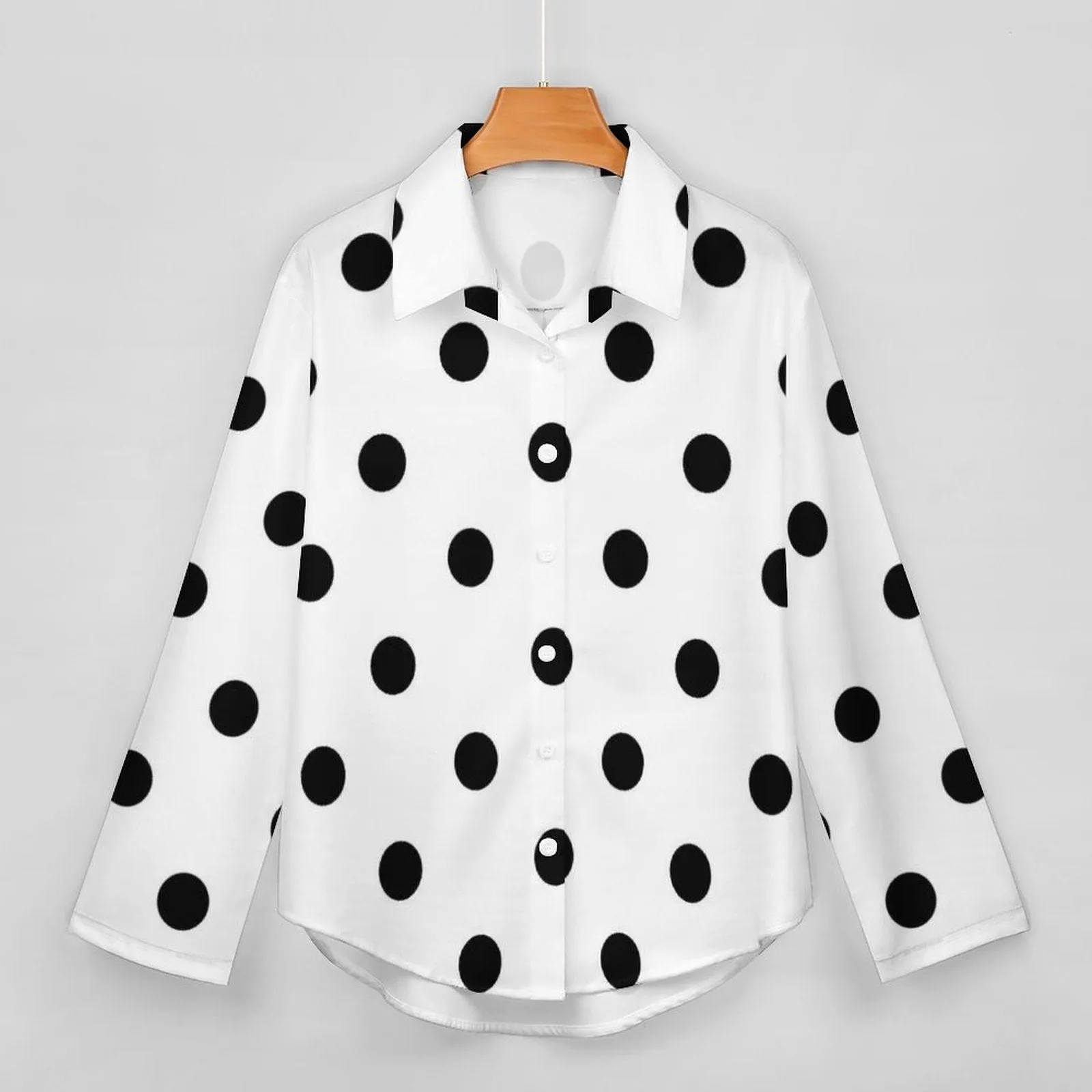 White With Black Polka Dots Long Sleeve Button Up Blouse