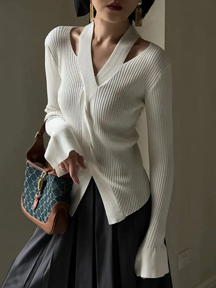 Women's Blouse Chic Hollow out Sexy knitted Pullovers for Autumn Female Korean Clothing Solid Full Sleeve Bottoming Shirt C-080