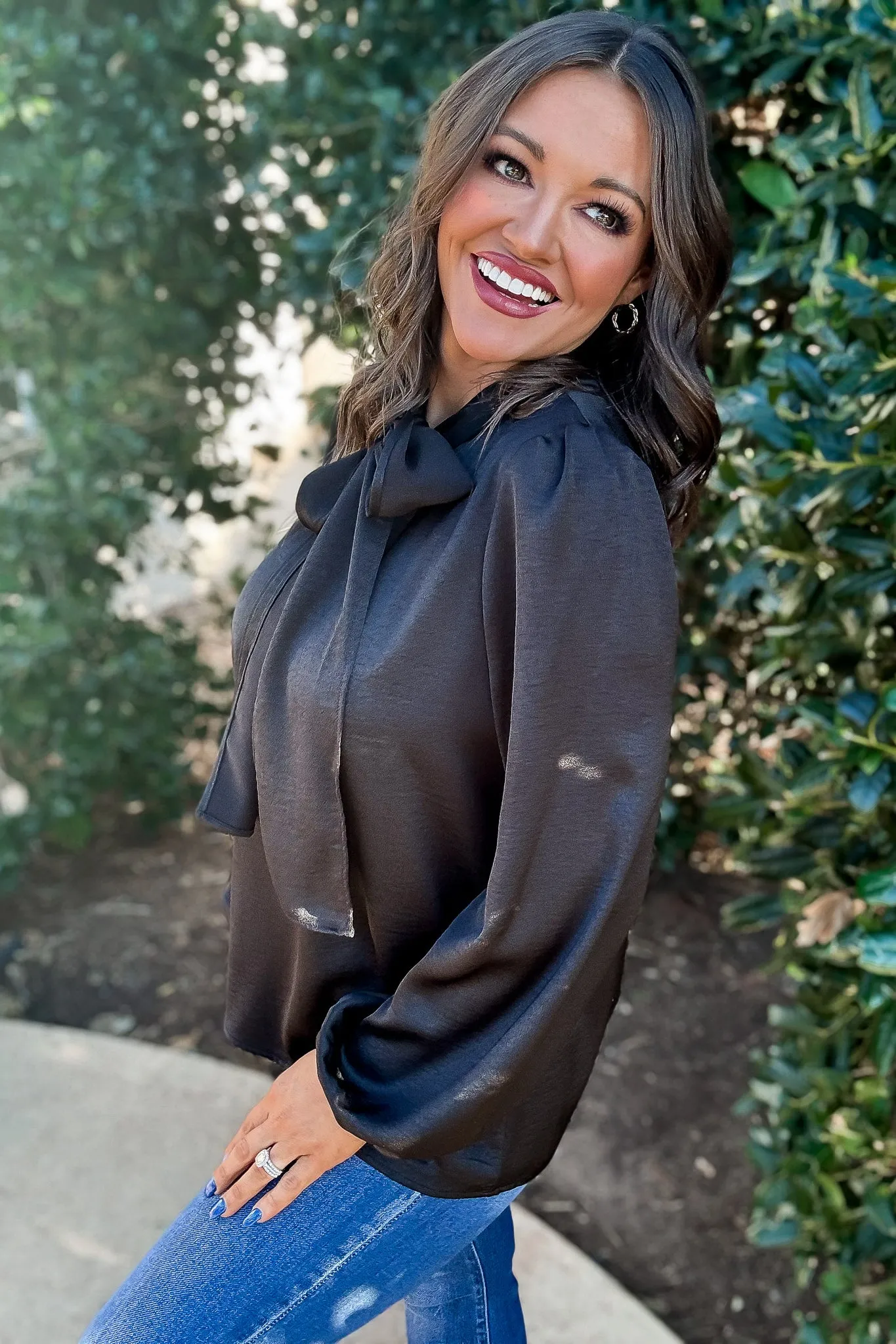 Wrap It Up Black Satin Neck Tie Blouse