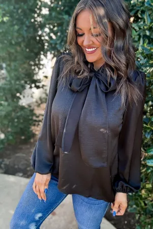 Wrap It Up Black Satin Neck Tie Blouse