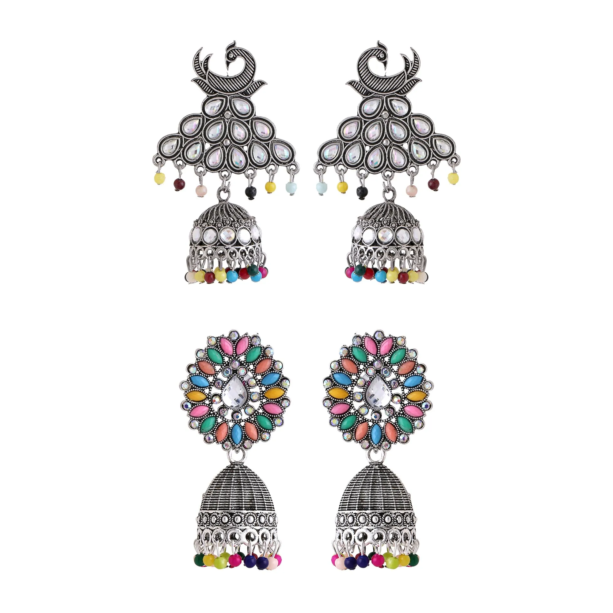 Yellow Chimes Earrings for Women and Girls Silver Oxidised Jhumka | 2 Pair combo of Kundan Studded Jhumki Earrings | Birthday Gift For girls and women Anniversary Gift for Wife