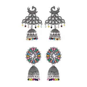 Yellow Chimes Earrings for Women and Girls Silver Oxidised Jhumka | 2 Pair combo of Kundan Studded Jhumki Earrings | Birthday Gift For girls and women Anniversary Gift for Wife