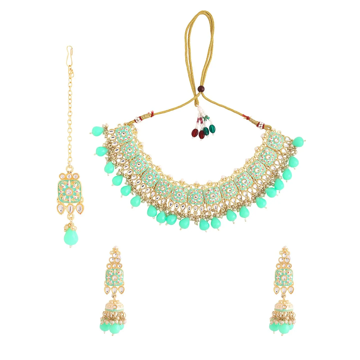 Yellow Chimes Jewellery Set for Women and Girls Meenakari Necklace Set for Women | Gold Tone Kundan Studded Green Meenakari Necklace Set | Birthday Gift for girls & women Anniversary Gift for Wife