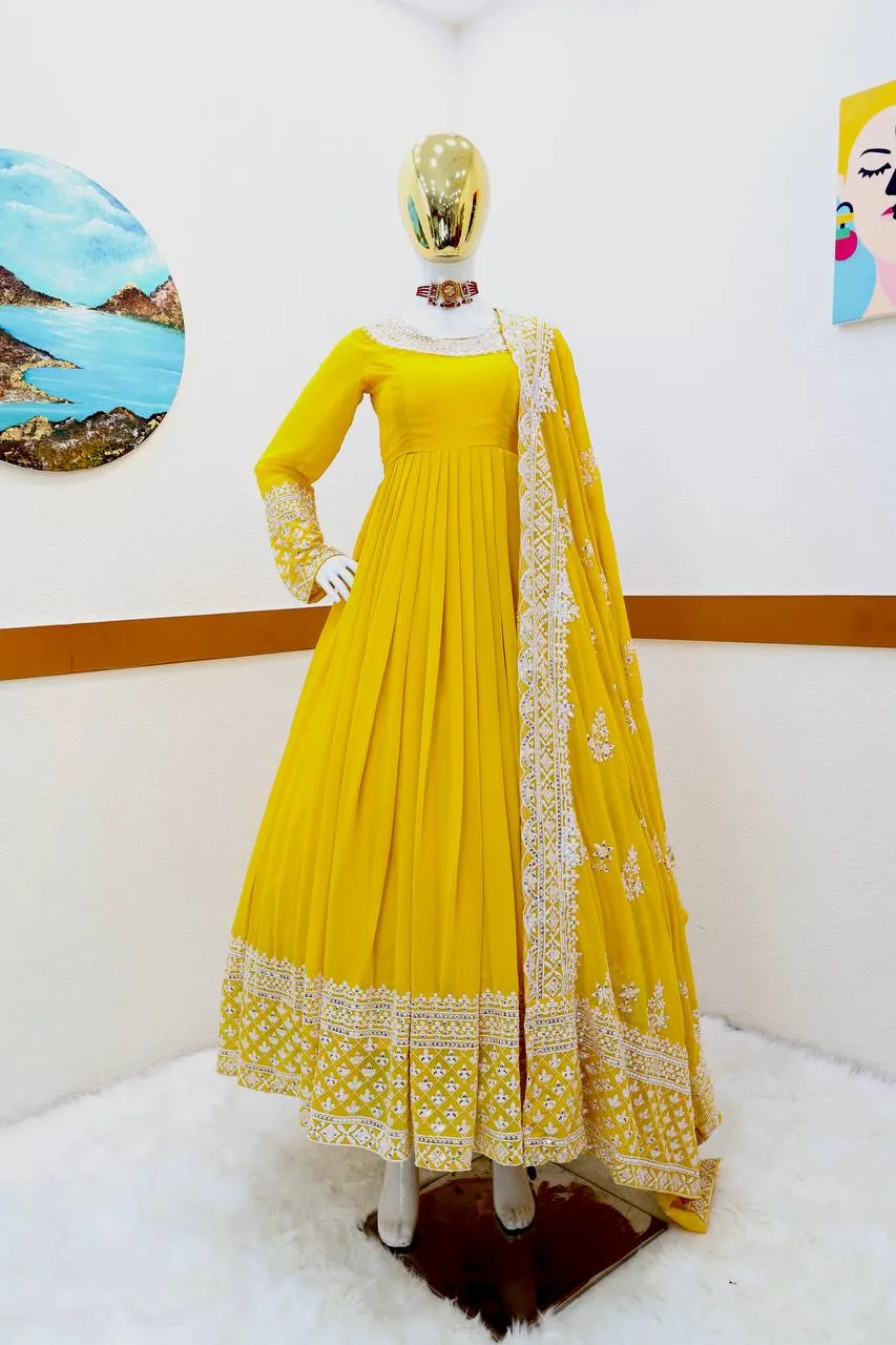 Yellow Fox Georgette Sequin Embroidered Gown with Flowing Skirt and Matching Dupatta