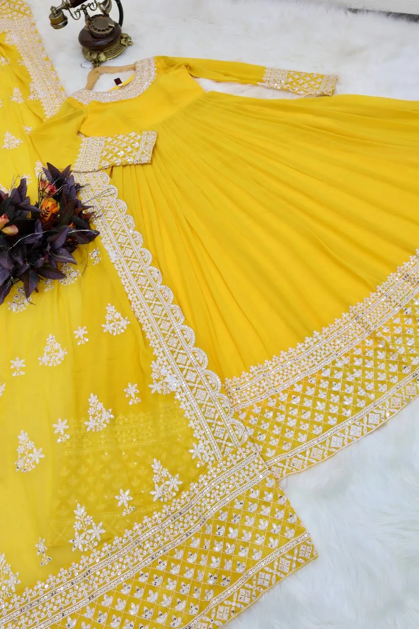 Yellow Fox Georgette Sequin Embroidered Gown with Flowing Skirt and Matching Dupatta