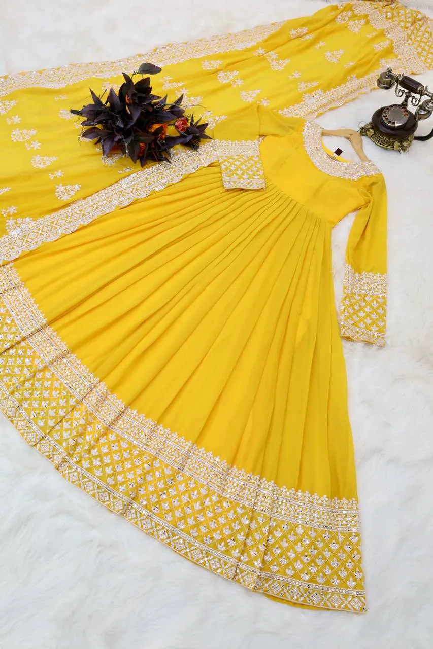 Yellow Fox Georgette Sequin Embroidered Gown with Flowing Skirt and Matching Dupatta